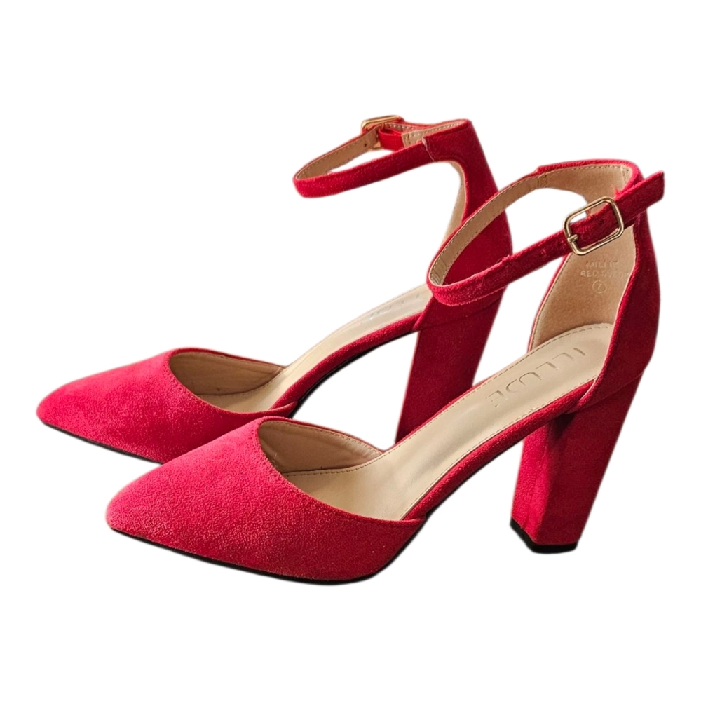 Illude Brand Millie Red Suede Chunky Heel Ankle Strap Buckle Closure Sz 7